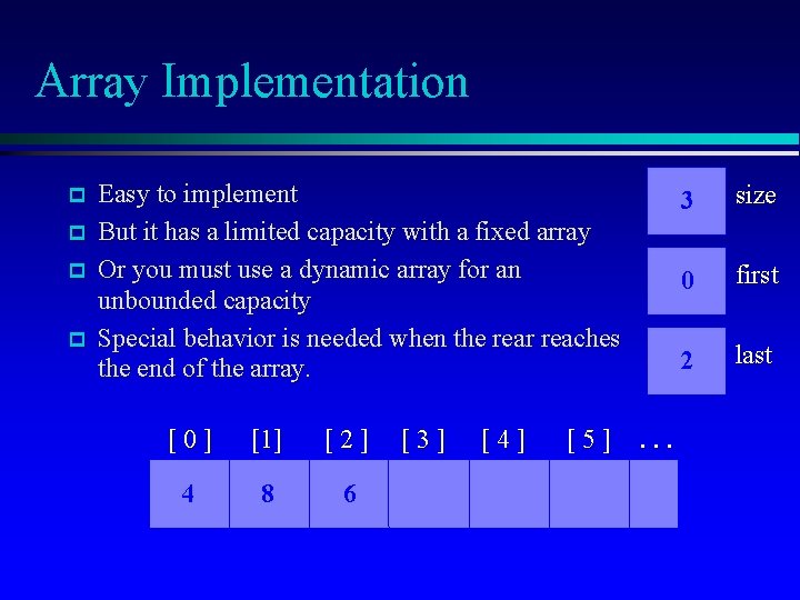 Array Implementation Easy to implement But it has a limited capacity with a fixed