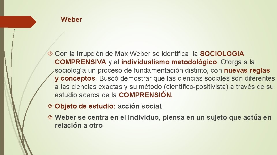 Weber Con la irrupción de Max Weber se identifica la SOCIOLOGIA COMPRENSIVA y el