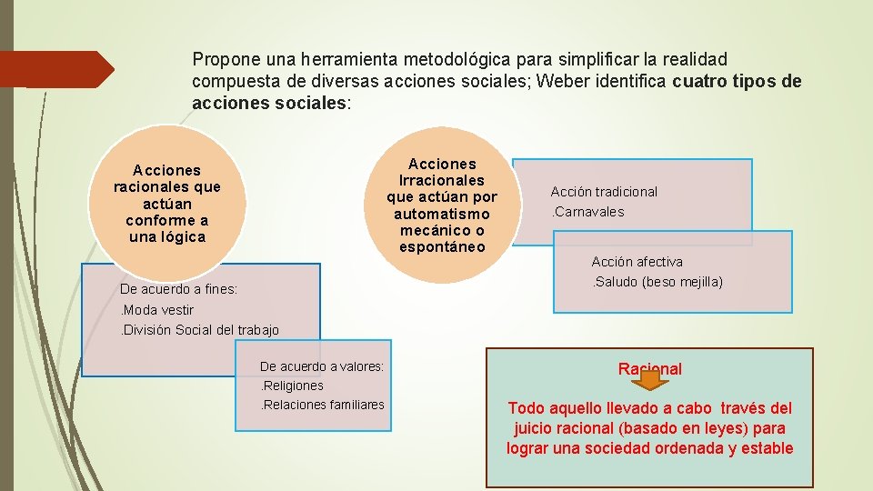 Propone una herramienta metodológica para simplificar la realidad compuesta de diversas acciones sociales; Weber