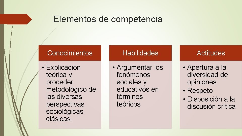 Elementos de competencia Conocimientos • Explicación teórica y proceder metodológico de las diversas perspectivas