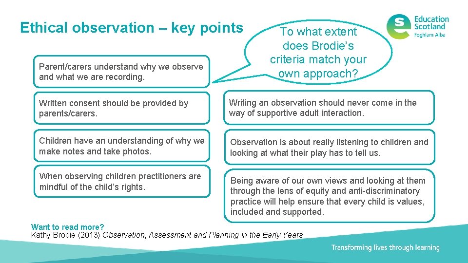 Ethical observation – key points Parent/carers understand why we observe and what we are