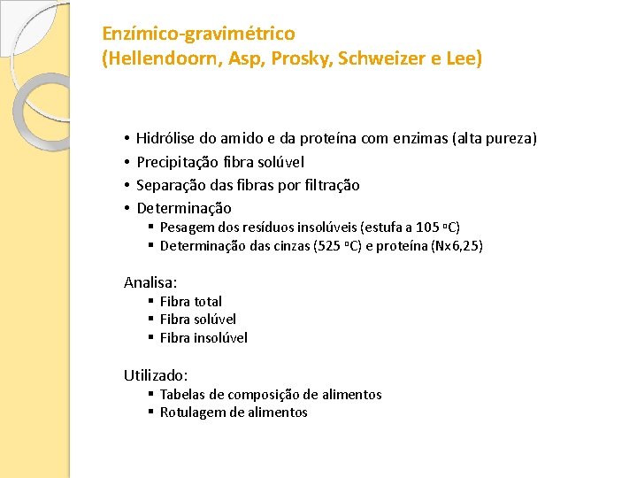 Enzímico-gravimétrico (Hellendoorn, Asp, Prosky, Schweizer e Lee) • • Hidrólise do amido e da