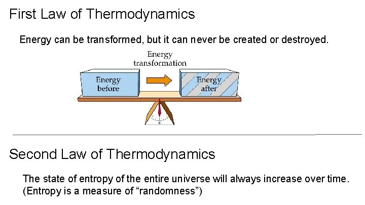 First Law of Thermodynamics Energy can be transformed, but it can never be created