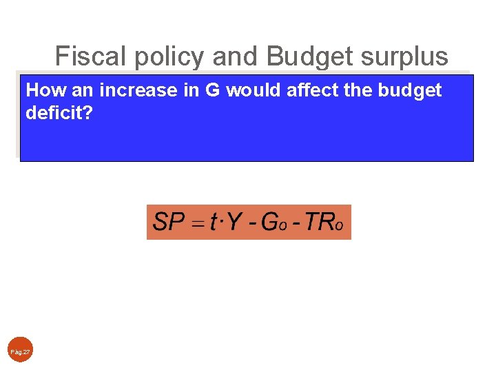 Fiscal policy and Budget surplus How an increase in G would affect the budget