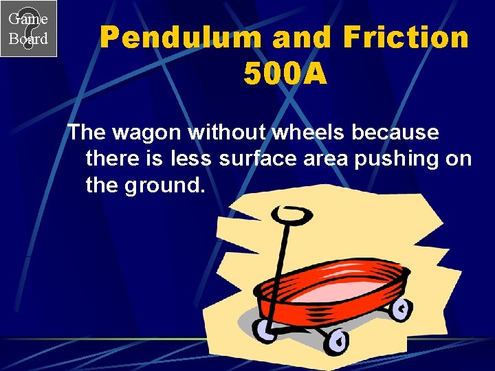 Game Board Pendulum and Friction 500 A The wagon without wheels because there is