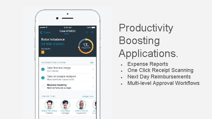 Productivity Boosting Applications. ● ● Expense Reports One Click Receipt Scanning Next Day Reimbursements