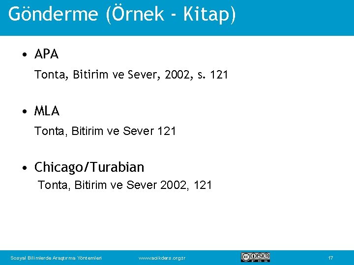 Gönderme (Örnek - Kitap) • APA Tonta, Bitirim ve Sever, 2002, s. 121 •