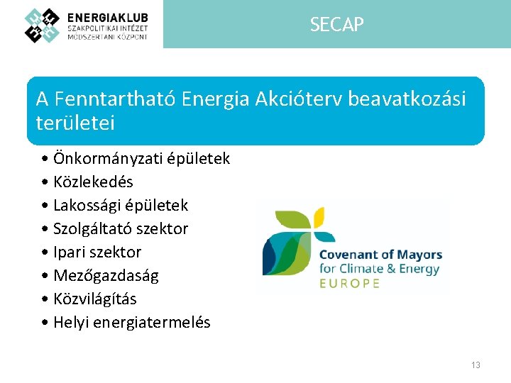 SECAP A Fenntartható Energia Akcióterv beavatkozási területei • Önkormányzati épületek • Közlekedés • Lakossági