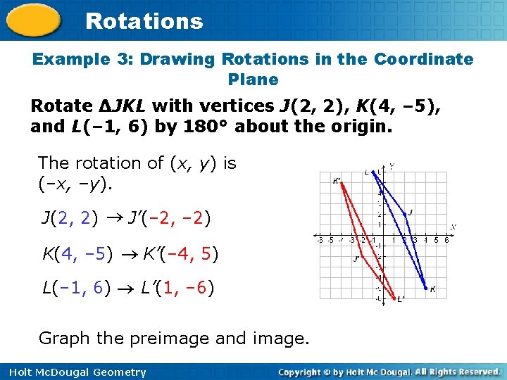 Rotations Example 3: Drawing Rotations in the Coordinate Plane Rotate ΔJKL with vertices J(2,