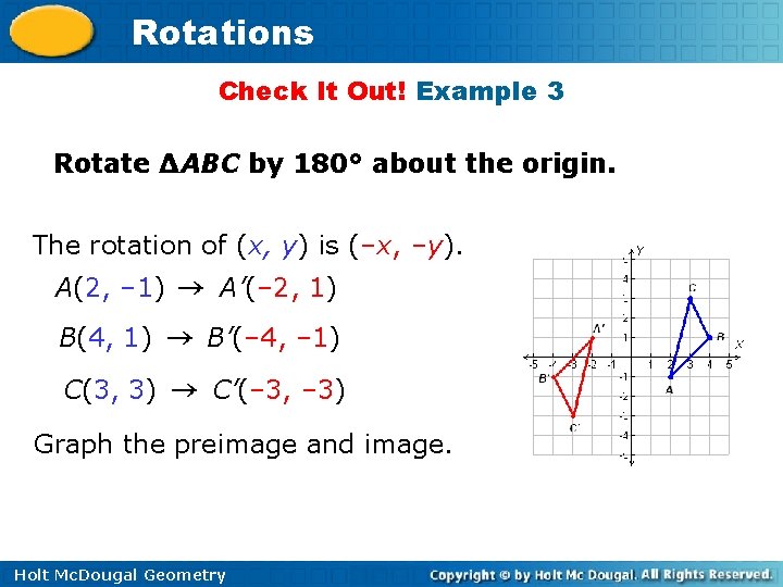Rotations Check It Out! Example 3 Rotate ∆ABC by 180° about the origin. The