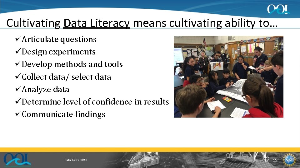 Cultivating Data Literacy means cultivating ability to… üArticulate questions üDesign experiments üDevelop methods and