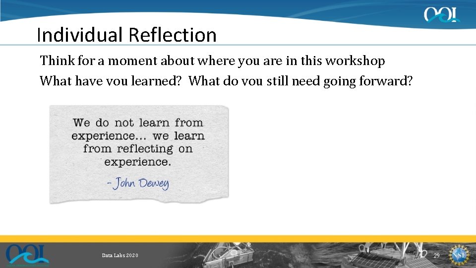 Individual Reflection Think for a moment about where you are in this workshop What