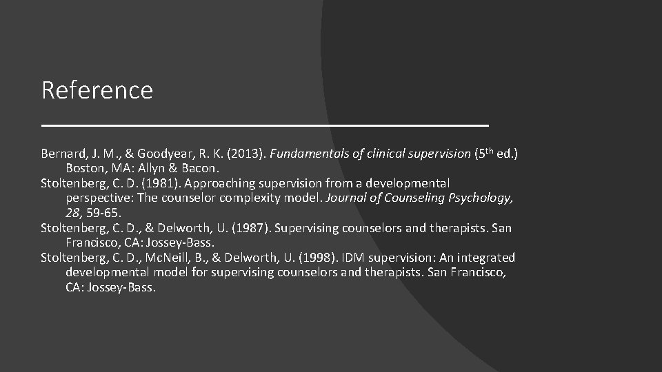 Reference Bernard, J. M. , & Goodyear, R. K. (2013). Fundamentals of clinical supervision