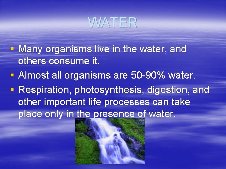 WATER § Many organisms live in the water, and others consume it. § Almost