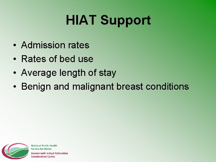 HIAT Support • • Admission rates Rates of bed use Average length of stay