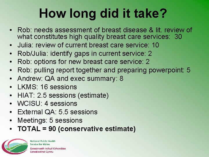 How long did it take? • Rob: needs assessment of breast disease & lit.