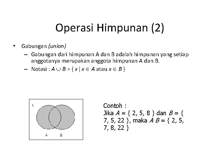 Operasi Himpunan (2) • Gabungan (union) – Gabungan dari himpunan A dan B adalah