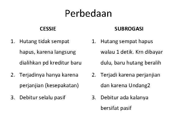 Perbedaan CESSIE 1. Hutang tidak sempat SUBROGASI 1. Hutang sempat hapus, karena langsung walau