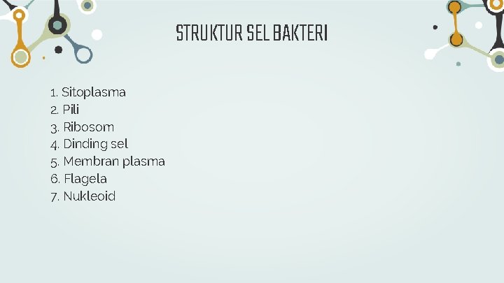 STRUKTUR SEL BAKTERI 1. Sitoplasma 2. Pili 3. Ribosom 4. Dinding sel 5. Membran