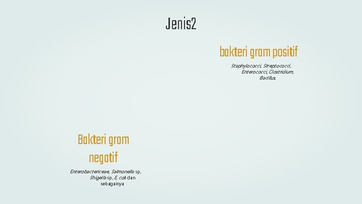 Jenis 2 bakteri gram positif Staphylococci, Streptococci, Enterococci, Clostridium, Bacillus. Bakteri gram negatif Enterobactericeae,