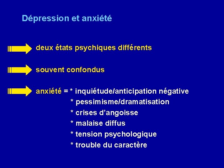 Dépression et anxiété deux états psychiques différents souvent confondus anxiété = * inquiétude/anticipation négative