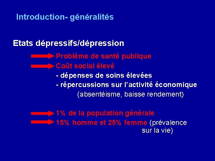 Introduction- généralités Etats dépressifs/dépression Problème de santé publique Coût social élevé - dépenses de