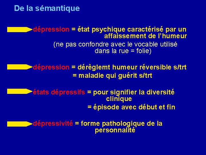 De la sémantique dépression = état psychique caractérisé par un affaissement de l’humeur (ne