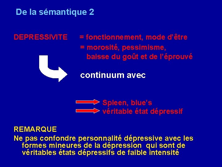 De la sémantique 2 DEPRESSIVITE = fonctionnement, mode d’être = morosité, pessimisme, baisse du