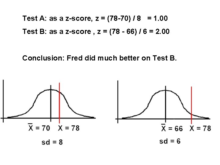 Test A: as a z-score, z = (78 -70) / 8 = 1. 00