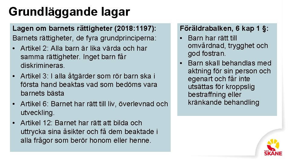 Grundläggande lagar Lagen om barnets rättigheter (2018: 1197): Barnets rättigheter, de fyra grundprinciperna: •