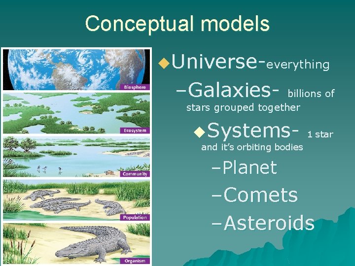 Conceptual models u. Universe-everything –Galaxies- billions of stars grouped together u. Systems- 1 star