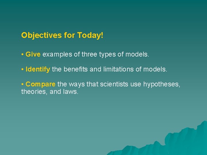 Objectives for Today! • Give examples of three types of models. • Identify the