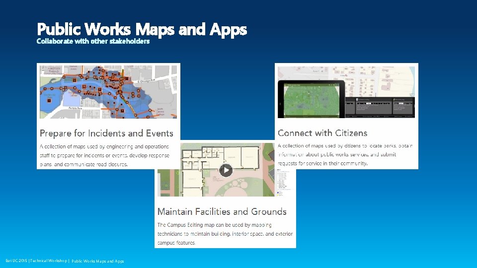 Public Works Maps and Apps Collaborate with other stakeholders Esri UC 2015 | Technical