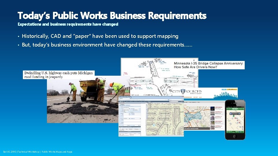 Today’s Public Works Business Requirements Expectations and business requirements have changed • Historically, CAD