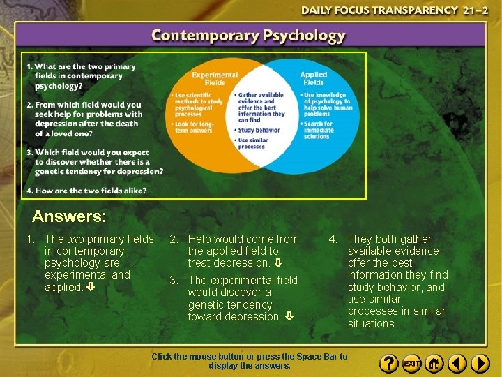 Answers: 1. The two primary fields in contemporary psychology are experimental and applied. 2.