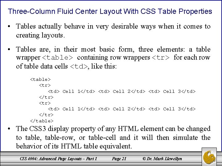 Three-Column Fluid Center Layout With CSS Table Properties • Tables actually behave in very