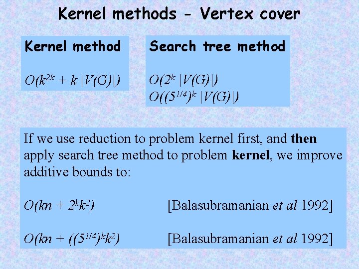 Kernel methods - Vertex cover Kernel method Search tree method O(k 2 k +