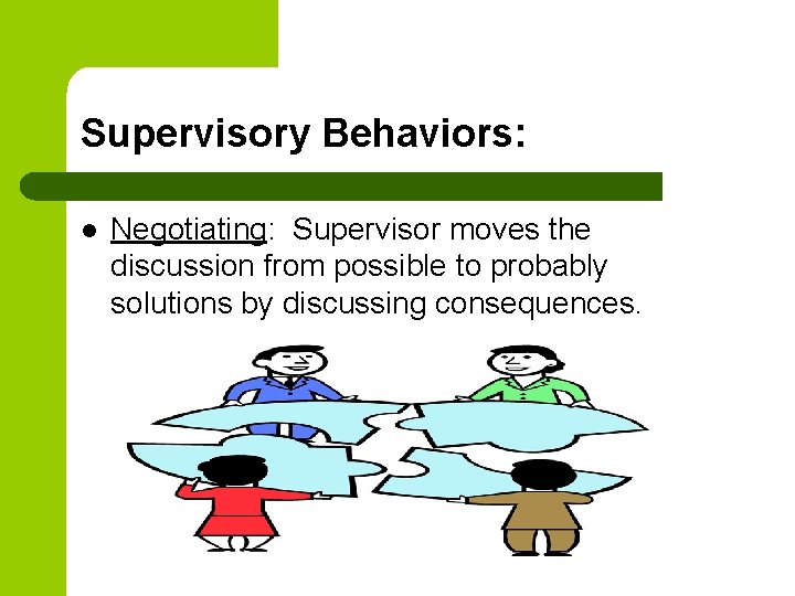 Supervisory Behaviors: l Negotiating: Supervisor moves the discussion from possible to probably solutions by
