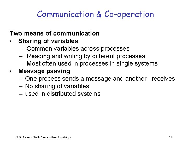 Communication & Co-operation Two means of communication • Sharing of variables – Common variables