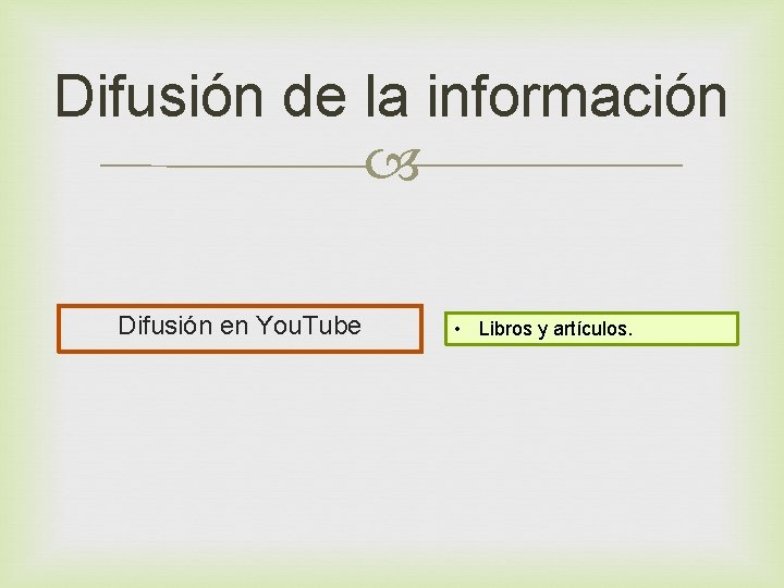 Difusión de la información Difusión en You. Tube • Libros y artículos. 