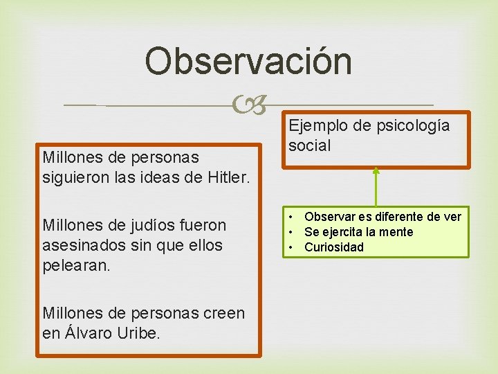 Observación Ejemplo de psicología Millones de personas siguieron las ideas de Hitler. Millones de