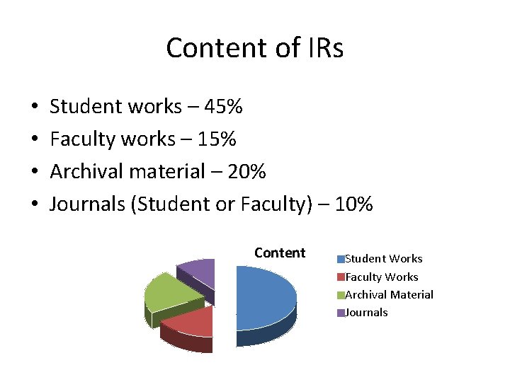 Content of IRs • • Student works – 45% Faculty works – 15% Archival