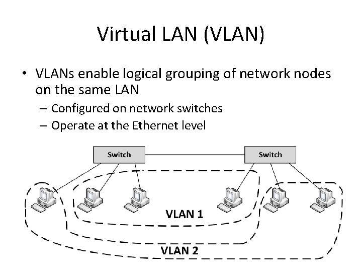 Virtual LAN (VLAN) • VLANs enable logical grouping of network nodes on the same