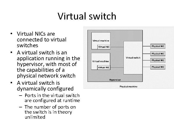 Virtual switch • Virtual NICs are connected to virtual switches • A virtual switch
