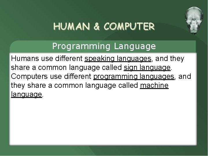 HUMAN & COMPUTER Programming Language Humans use different speaking languages, and they share a