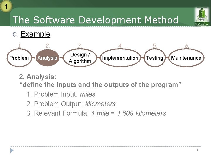 1 The Software Development Method C. Example 1. 2. 3. 4. 5. 6. Problem