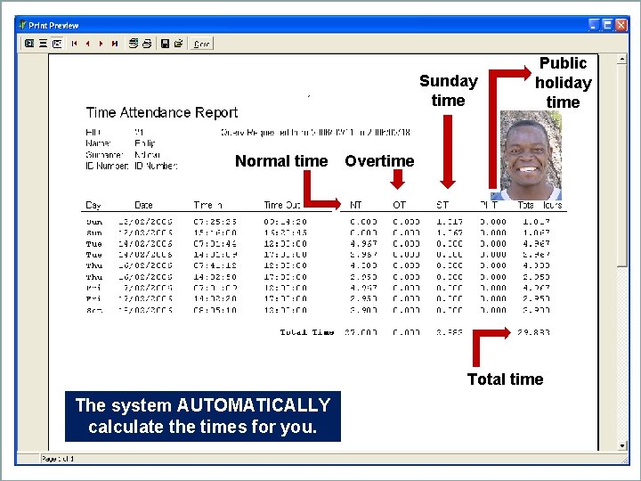 Sunday time Normal time Public holiday time Overtime Total time The system AUTOMATICALLY calculate