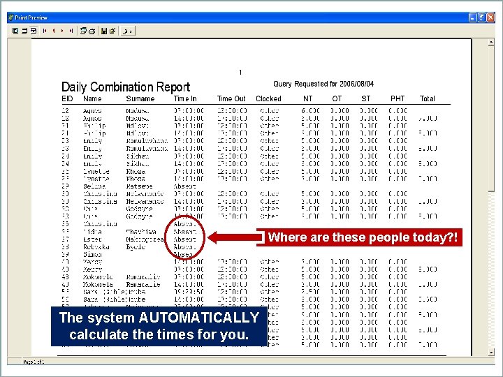 Where are these people today? ! The system AUTOMATICALLY calculate the times for you.