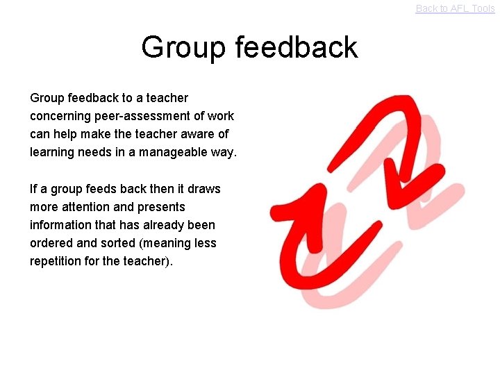 Back to AFL Tools Group feedback to a teacher concerning peer-assessment of work can