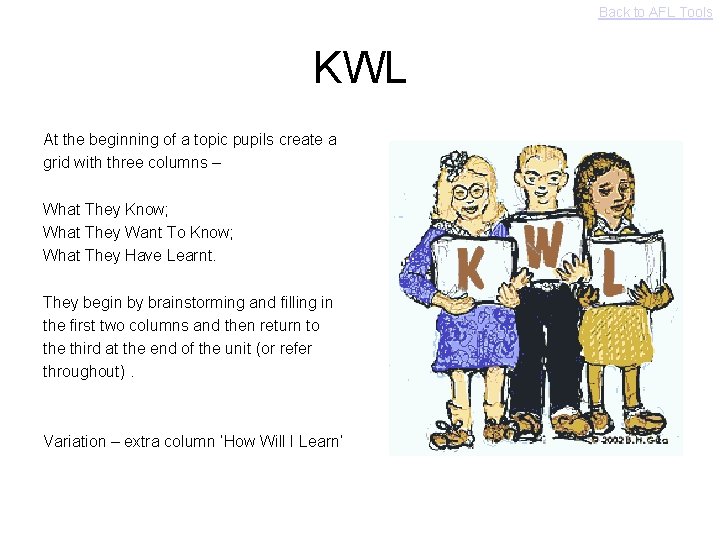 Back to AFL Tools KWL At the beginning of a topic pupils create a